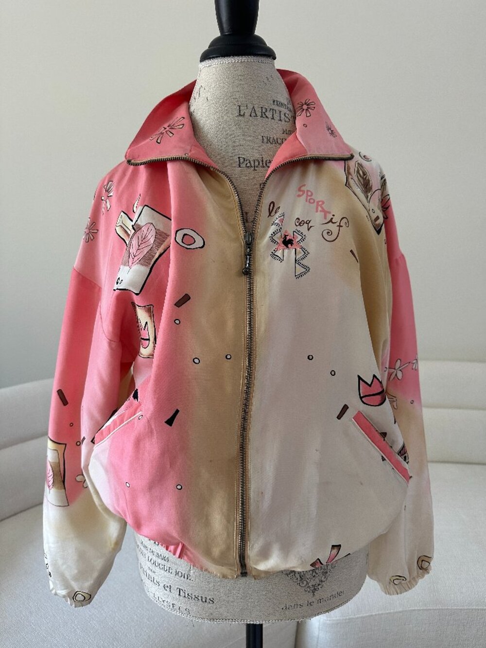 Vintage Le Coq Sportif 100% Silk Pink Graphic Bomber Windbreaker Jacket S